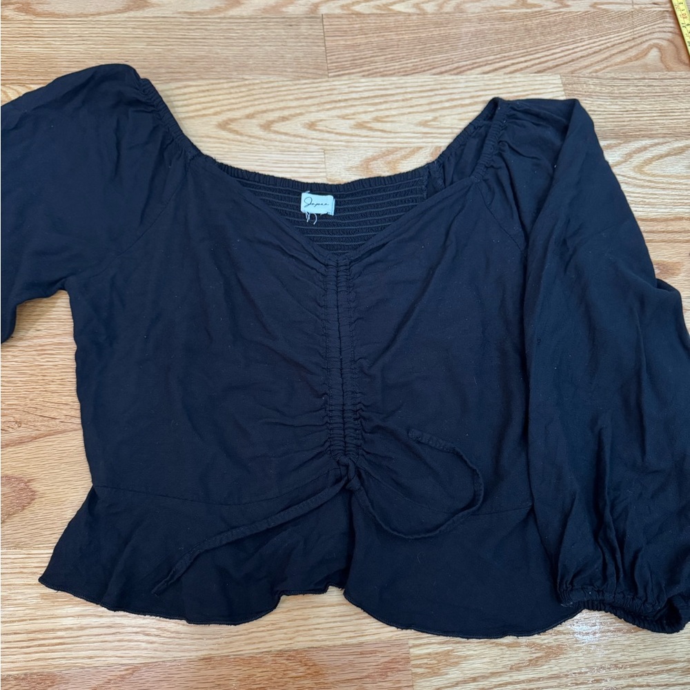 Forever 21 Black Ruched Peplum Blouse 3/4 Sleeve